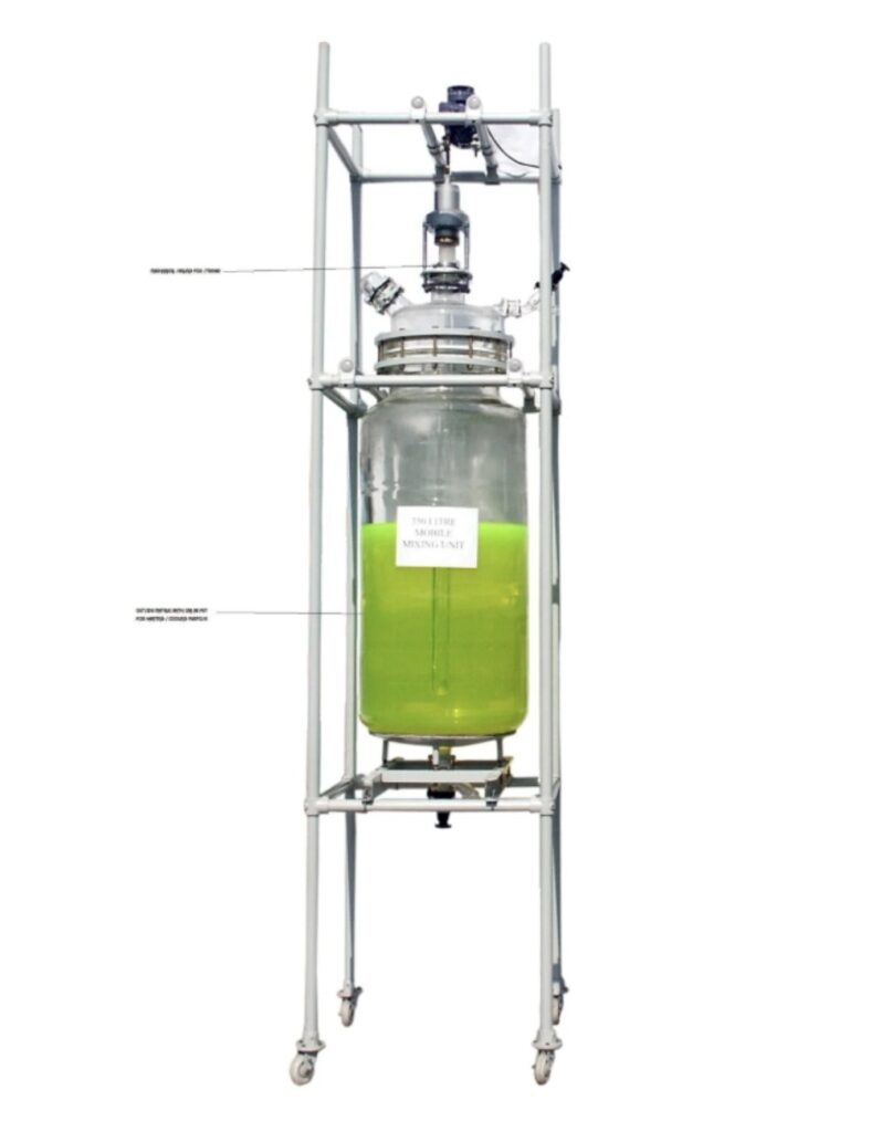 MOBILE MIXING SYSTEM - Jacketed Mixing Reactor with stainless steel trolley-mounted frame for efficient chemical processing.